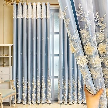 Amidoudou 1 Pair European 3D Flower Luxury Embroidered Curtains Double Layer Curtains with Valance for Living Room Bedroom Blue,52x84 Inch