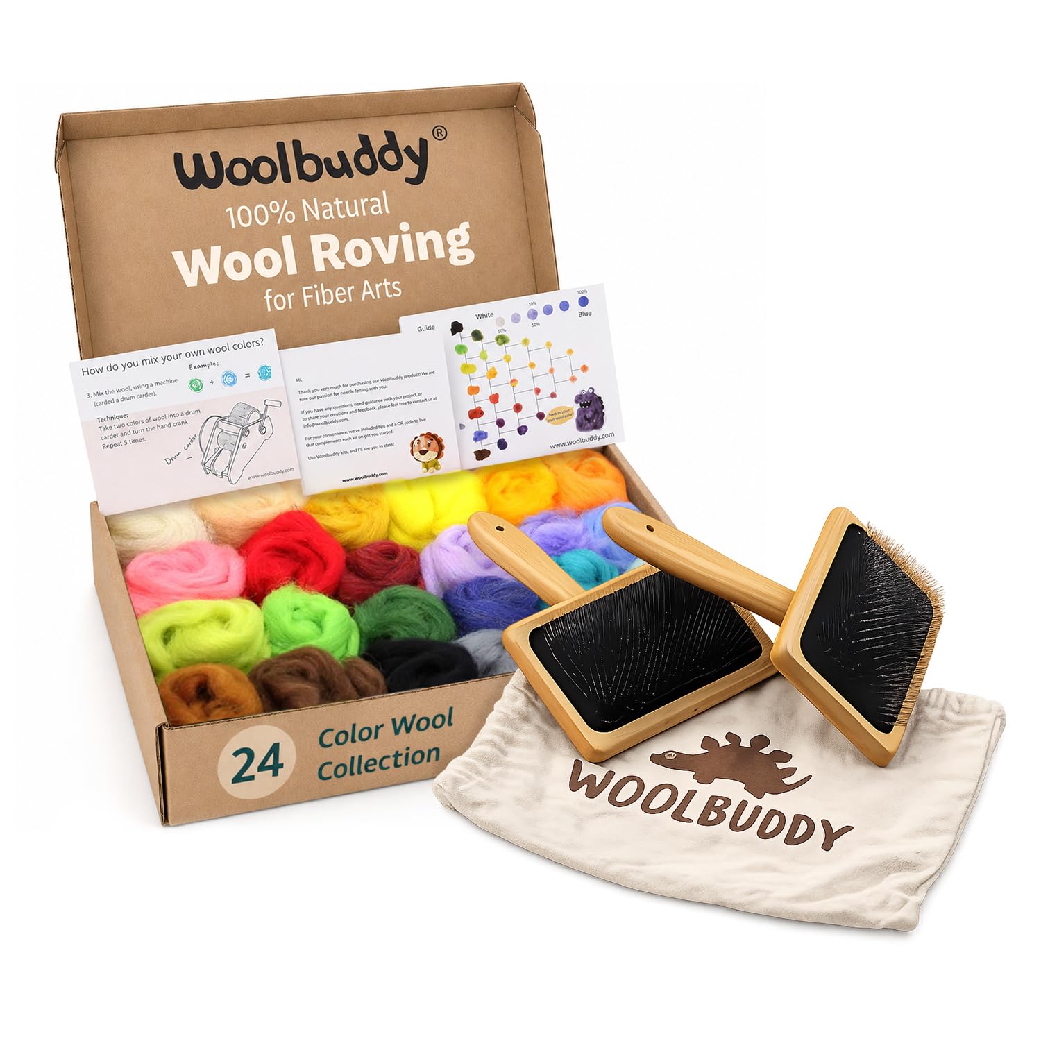 Woolbuddy Wool Roving 24 Colors Kit &amp; Carder Brush Set for Needle Felting