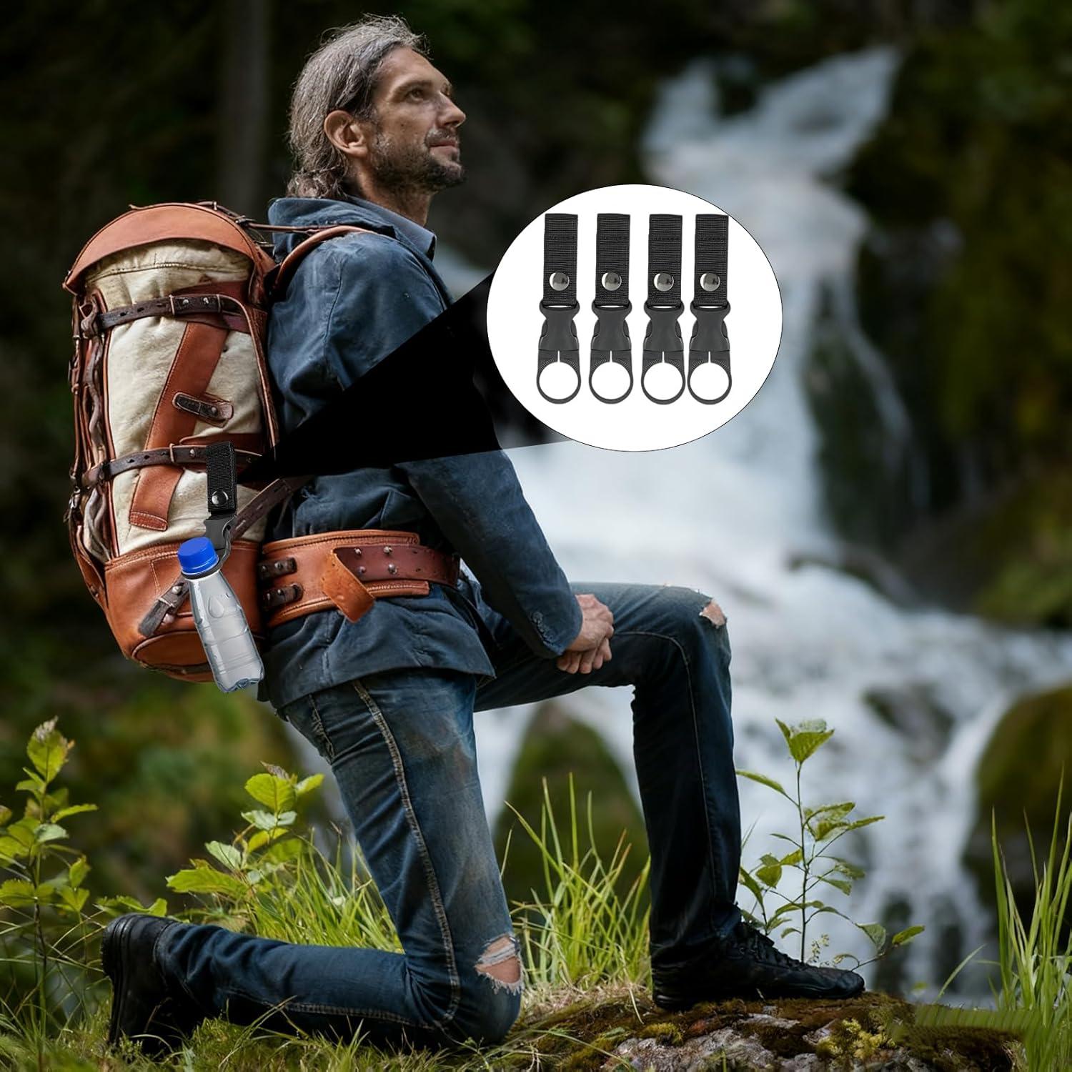 Water Bottle Holder, 4 Pack Black Outdoor Water Bottle Carrier with Secure Clip for Hiking, Camping, Cycling, Motorcycle Riding and Travel