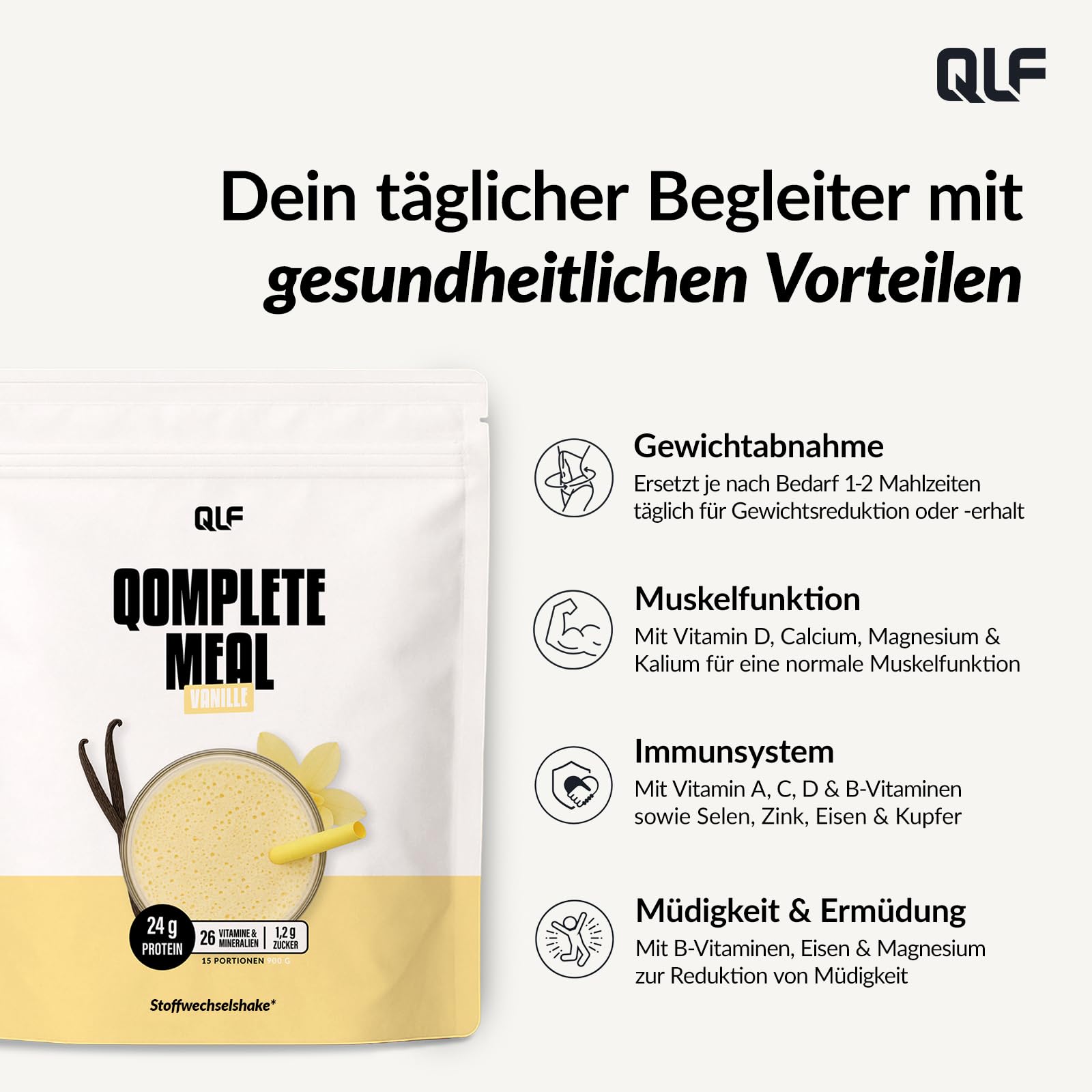 QLF - Qomplete Meal Vanille 900 g - Stoffwechsel-Shake* mit 24 g hochwertigem Protein - 26 Vitaminen & Mineralstoffen - Mahlzeitenersatz zur Unterstützung beim Abnehmen**