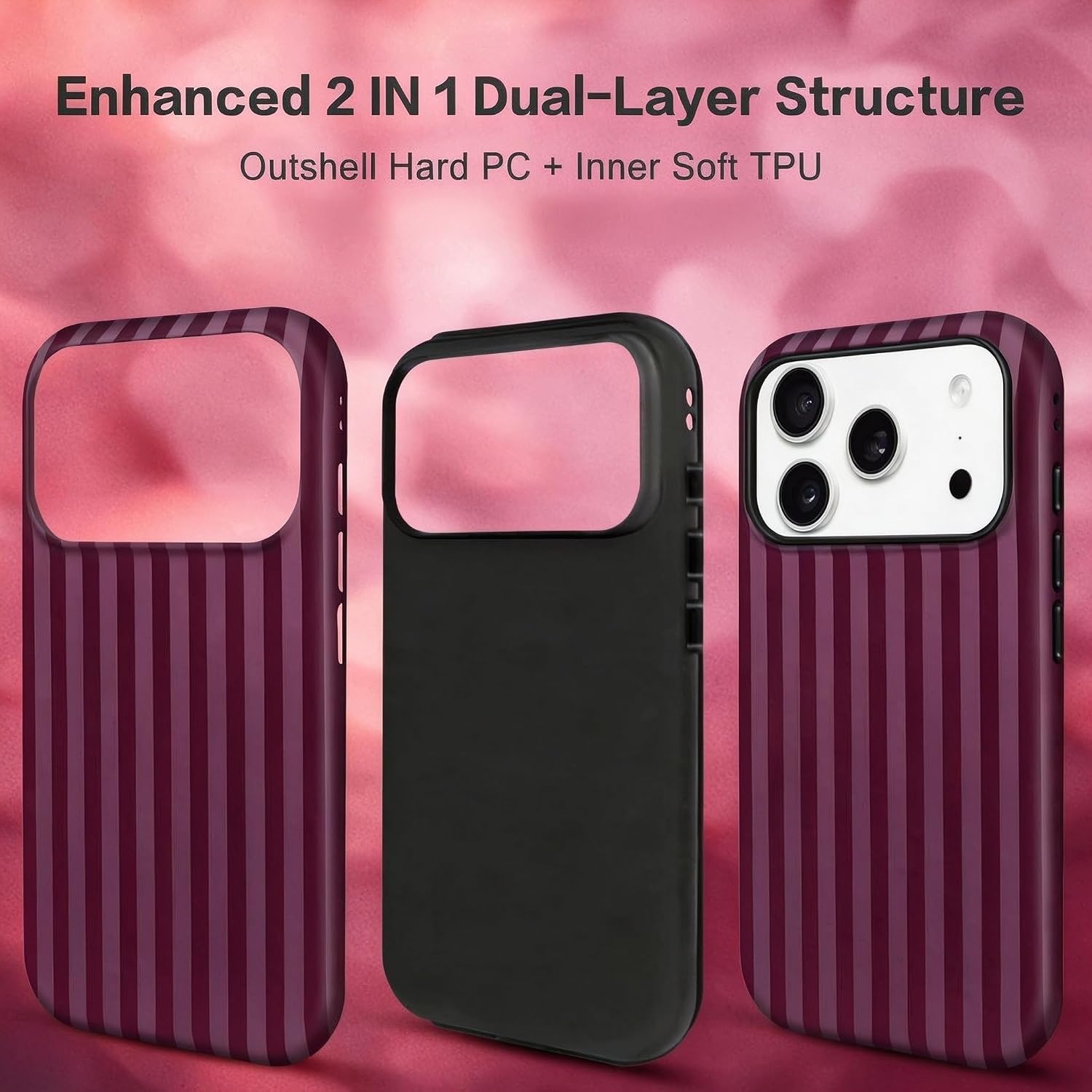 for iPhone 18 Pro Case 2026, Cute Vertical Striped, Burgundy image 2