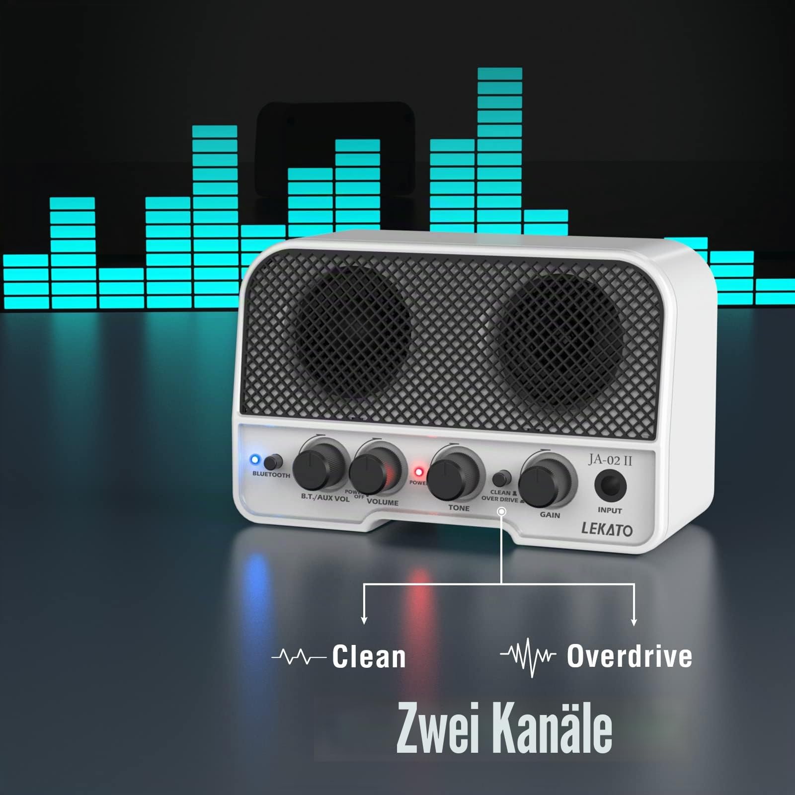 LEKATO 5W Mini Gitarrenverstärker JA-02 II, Tragbarer & Wiederaufladbarer E-Gitarrenverstärker Übungsverstärker mit Clean/Overdrive, Bluetooth 5.0, Kopfhörerausgang – Ideal für E-Gitarre (Weiß)