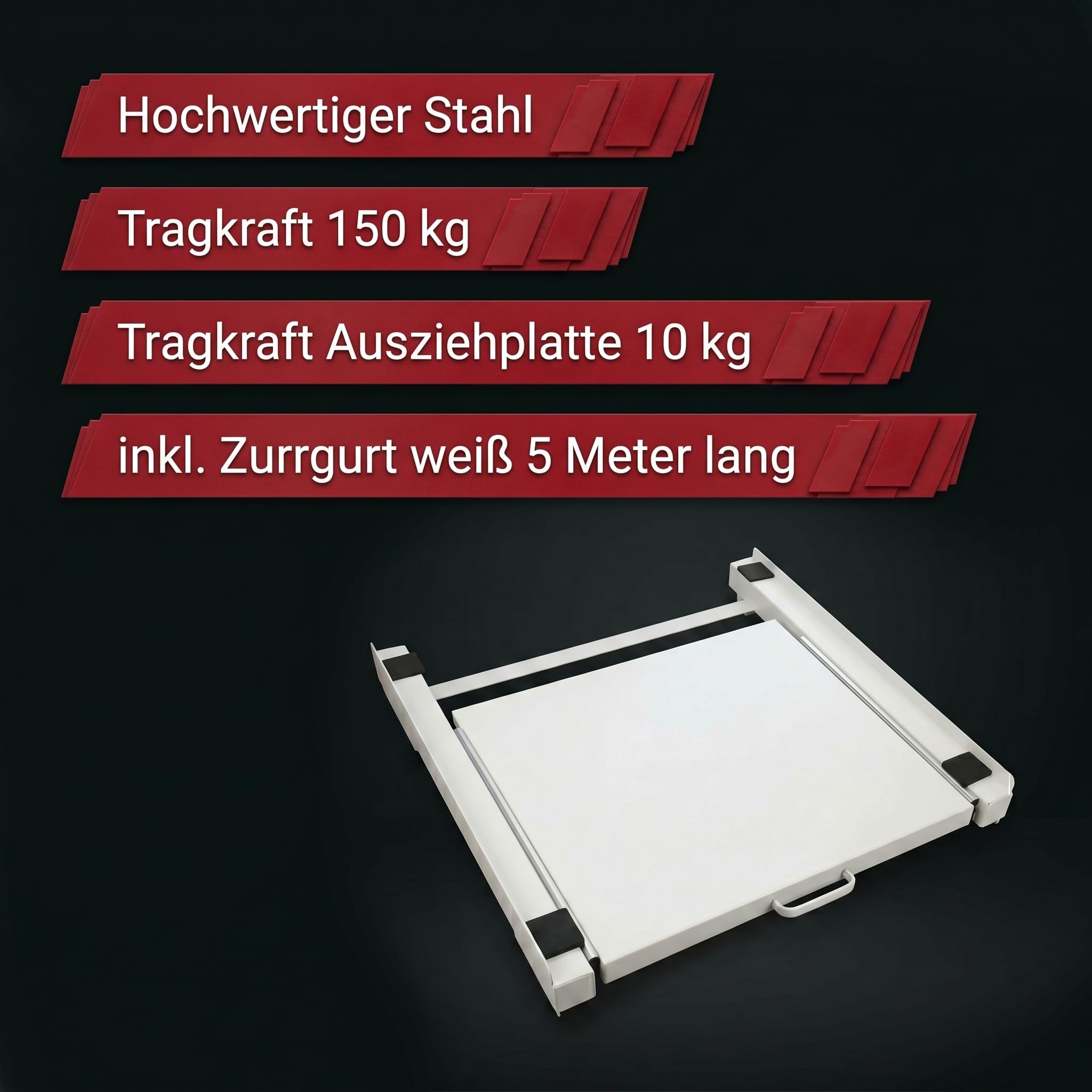 Valo Metall Zwischenbaurahmen für Waschmaschine und Trockner, Weiß, 60 x 54 cm, Universal Stapelkit mit ausziehbarer Ablage, Tragkraft 100 kg, Stapelbausatz mit Spannband für Waschküche