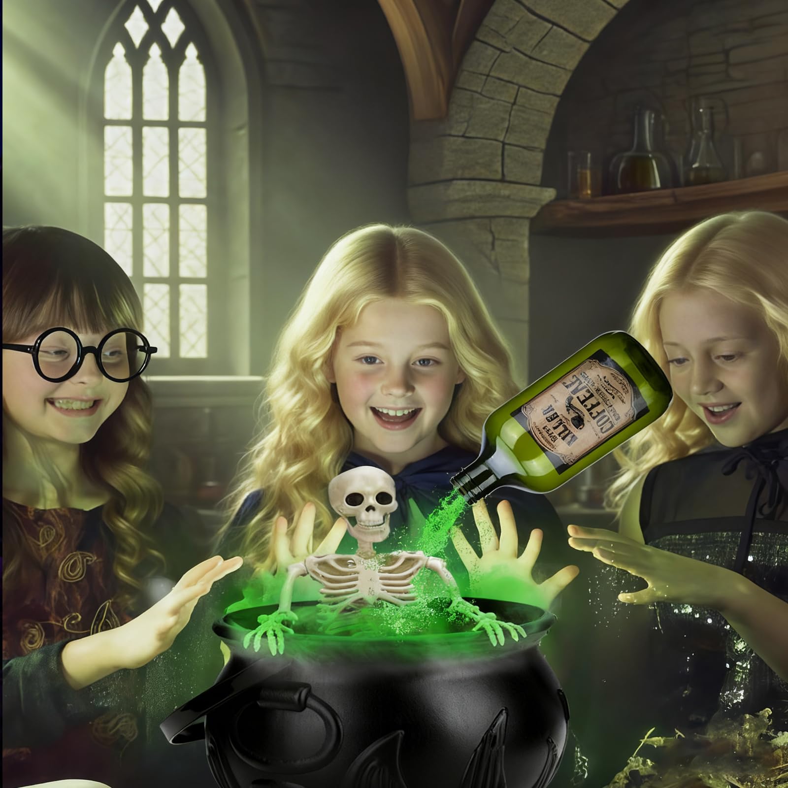 Dekoracje na Halloween do wnętrz – kociołek czarownic – kompletny zestaw dekoracyjny na Halloween z realistycznymi butelkami na mgiełkę i magiczne pływające eliksiry, wewnętrzny straszny szkielet
