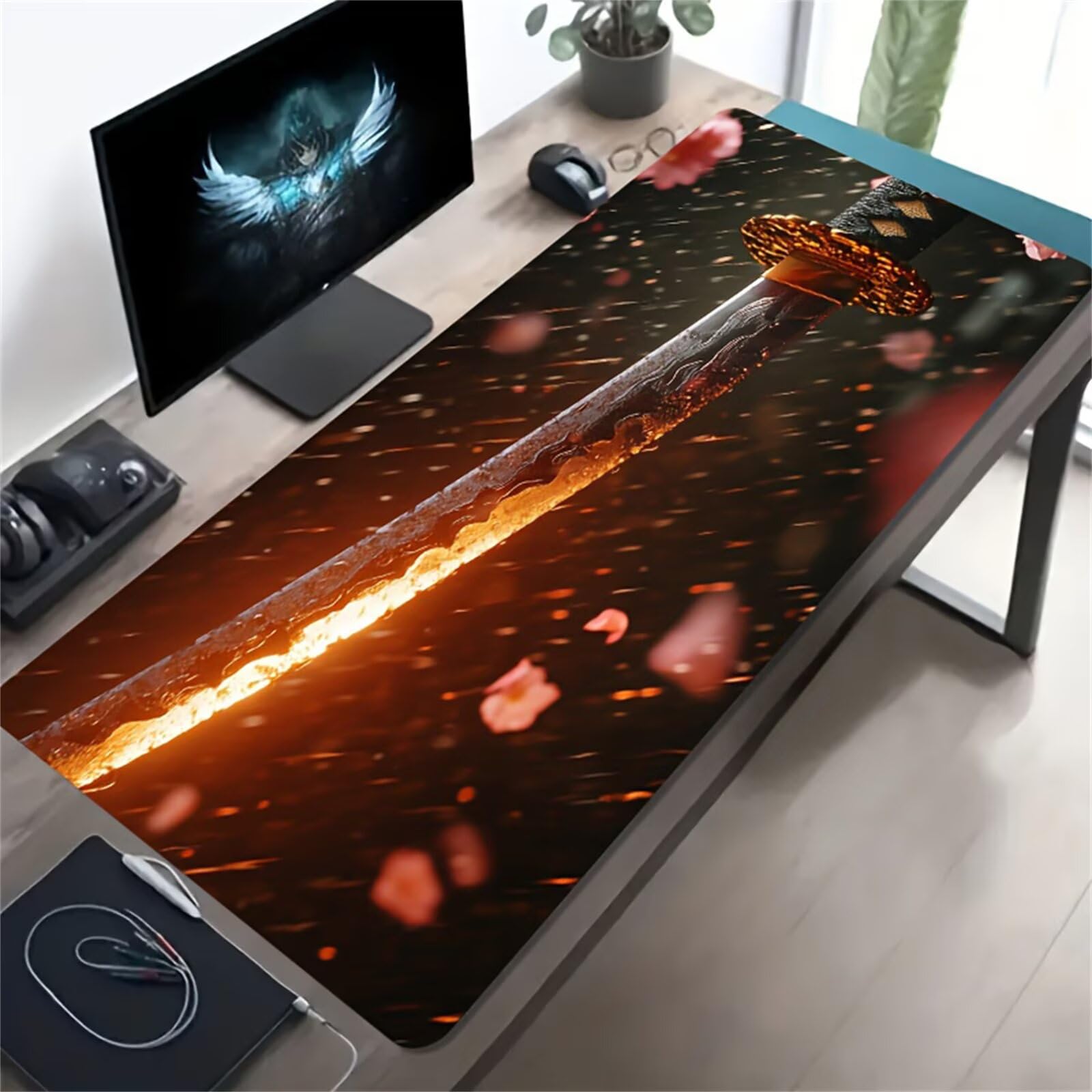 Tappetino per Mouse Gaming XXL 1200x600x2 mm, Mousepad Extra Large da Scrivania con Bordi Cuciti, Tappetino per Tastiera Antiscivolo, Superficie Ottimizzata per Sensori Ottici, Fiore Samurai
