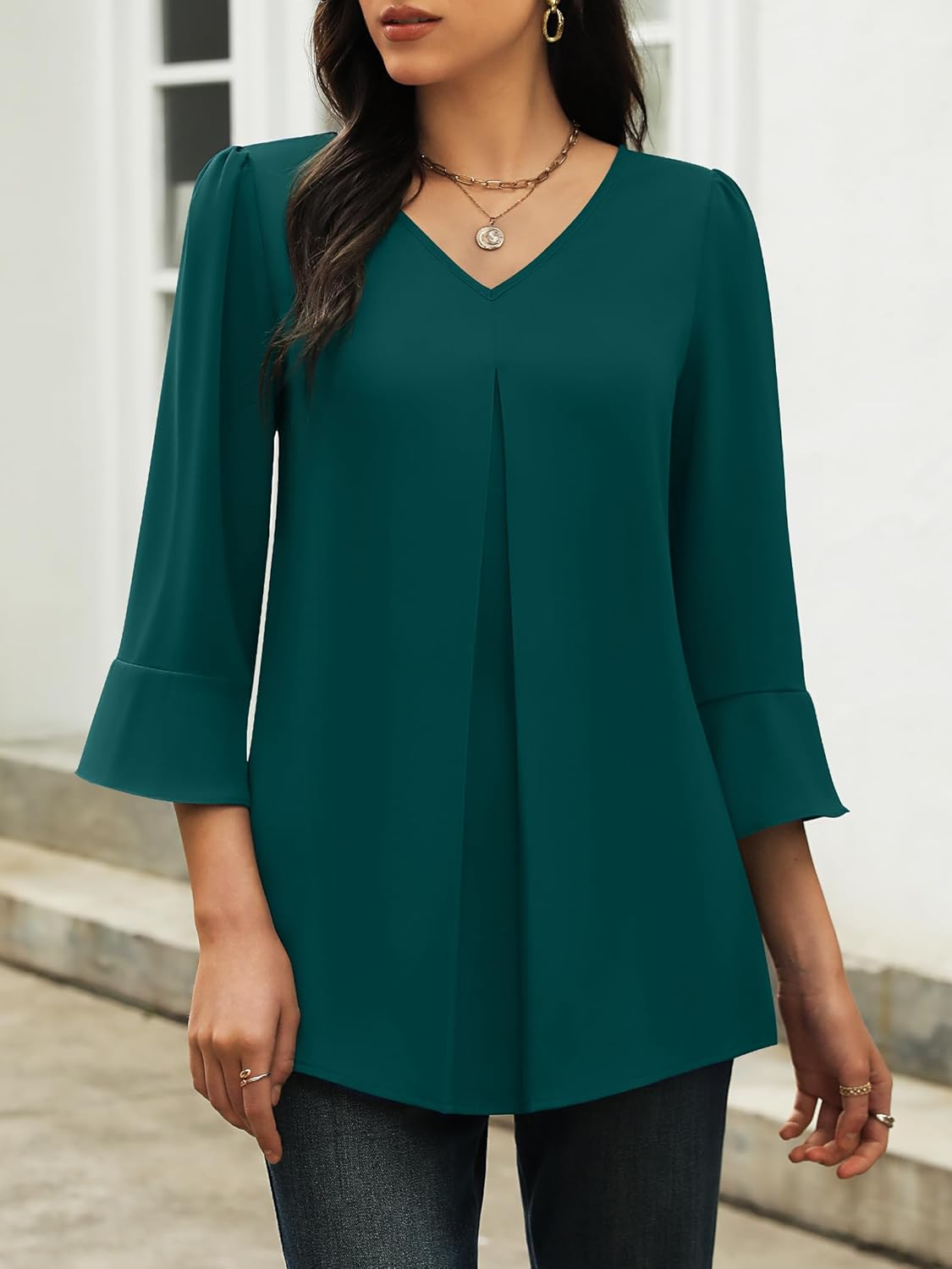 Funlingo Womens 3/4 Length Sleeve Tops Dressy Casual V Neck Business Chiffon Blouses Pleated Trendy Work Shirts - Image 2