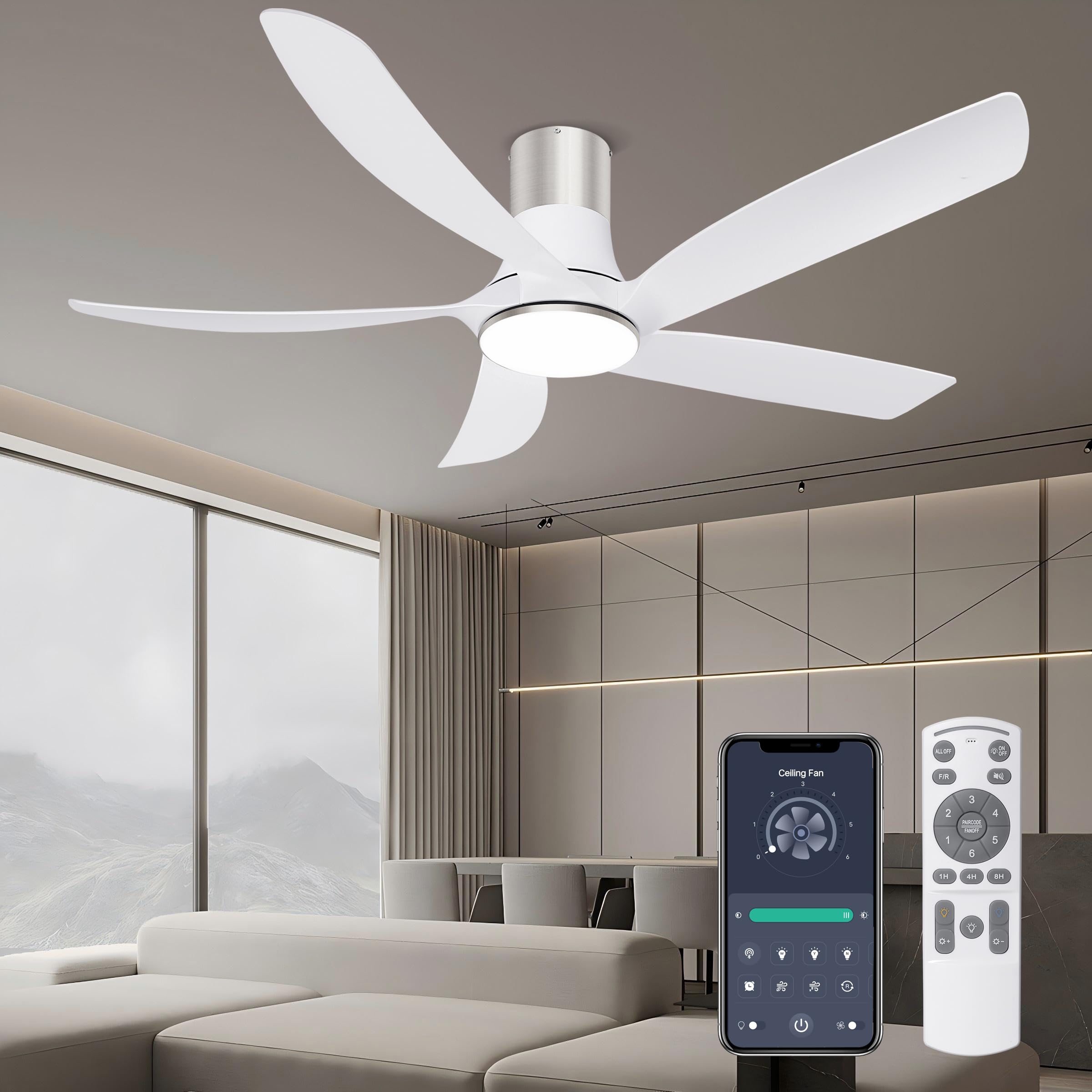 Ohniyou58" Low Profile Ceiling Fan with Light - Remote Control Flush Mount Indoor Outdoor Ceiling Fan, Reversible DC Motor, Dimmable, Modern Ceiling Fans for Living Room Patio, White