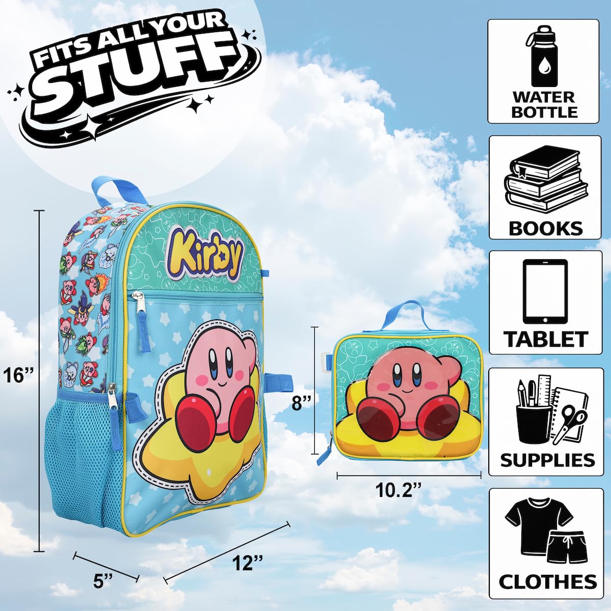 Bioworld Kirby - Juego de Mochila de 5 Piezas (niño pequeño y Grande), Amarillo, Talla única