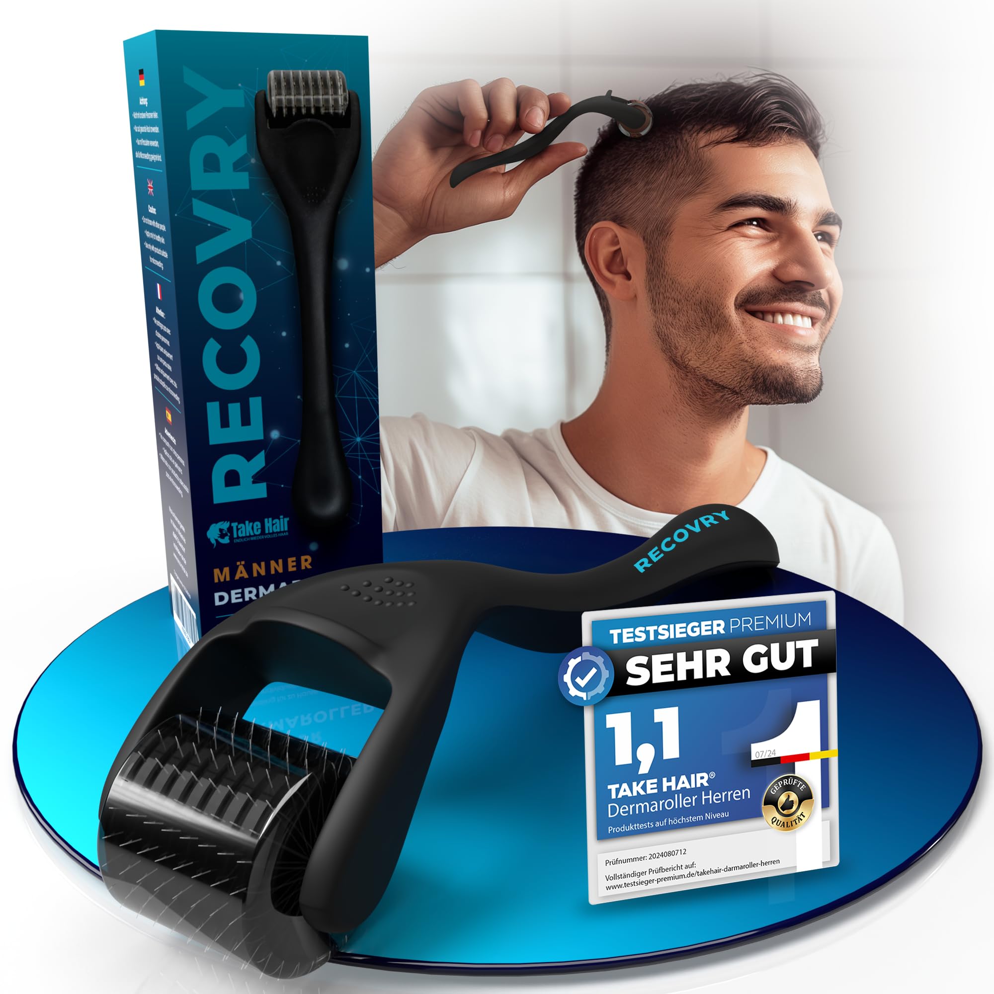 RECOVRY Dermaroller Haare Kopfhaut - Dermaroller 0,5 mm - 192 echte Nadeln zum Haarwachstum beschleunigen - Derma Roller Hair Growth - Micro Needle Roller - Haarroller