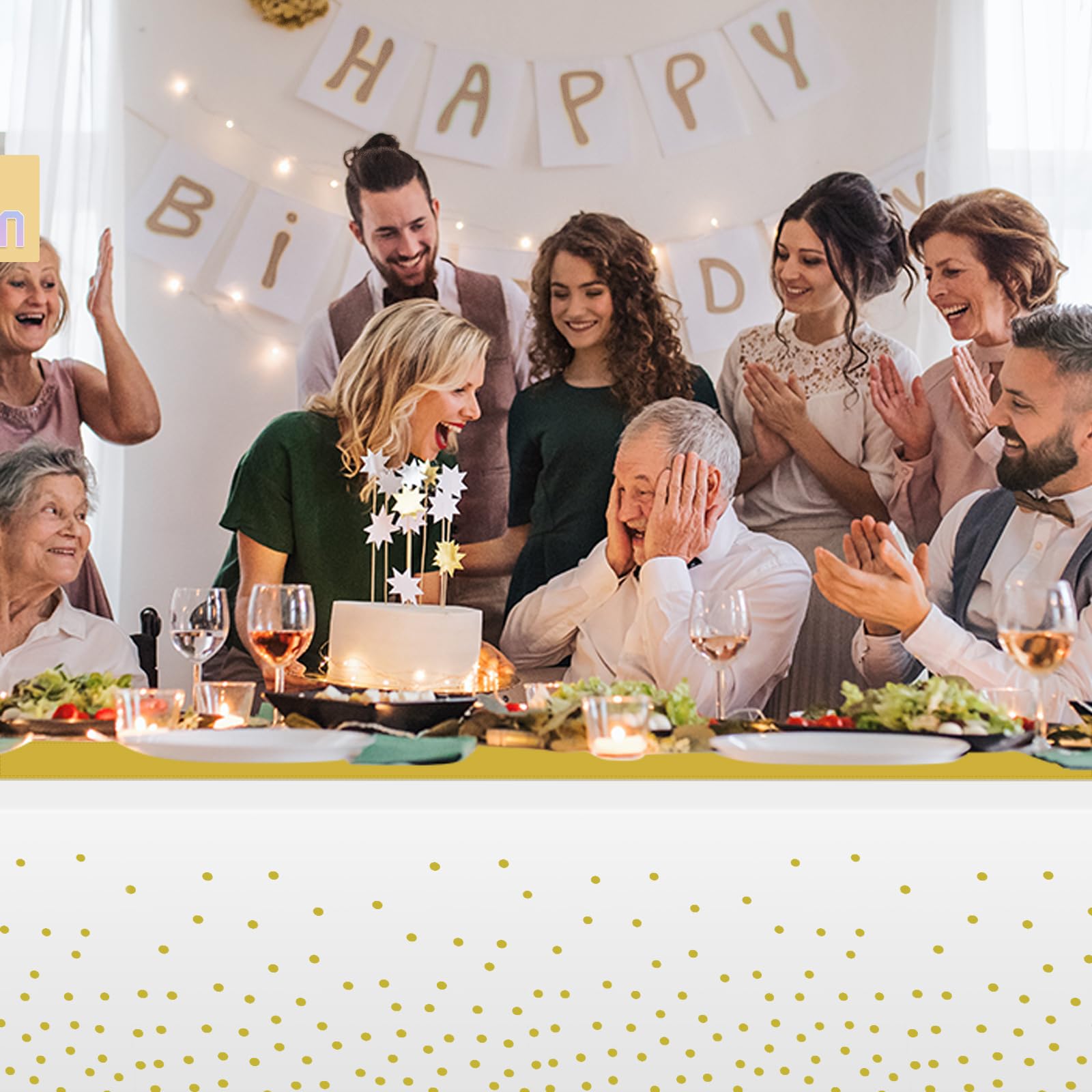 Paquete de 24 manteles y caminos de mesa blancos y dorados, decoraciones de fiesta, mantel desechable de plástico blanco y amarillo y camino de mesa de satén para boda, cumpleaños, graduación,