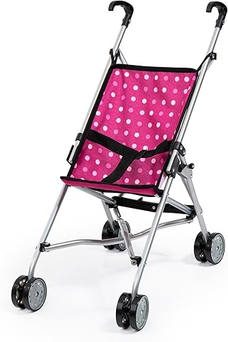 Bayer Cochecito paraguas Buggy - Lunares rosa y blanco intenso - Accesorio para muñecas de hasta 18 pulgadas, diseño plegable, cinturón de