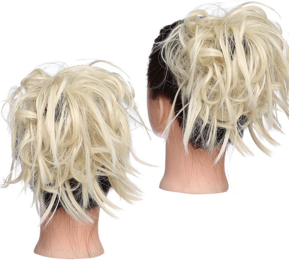 Tousled Updo Messy Bun Hair Extension Instant Ponytail With Elastic Rubber Band Updo Chignon Donut Scrunchies Extensions Hairpiece Synthetic Wavy Hair for Women Bleach Blonde - Image 4