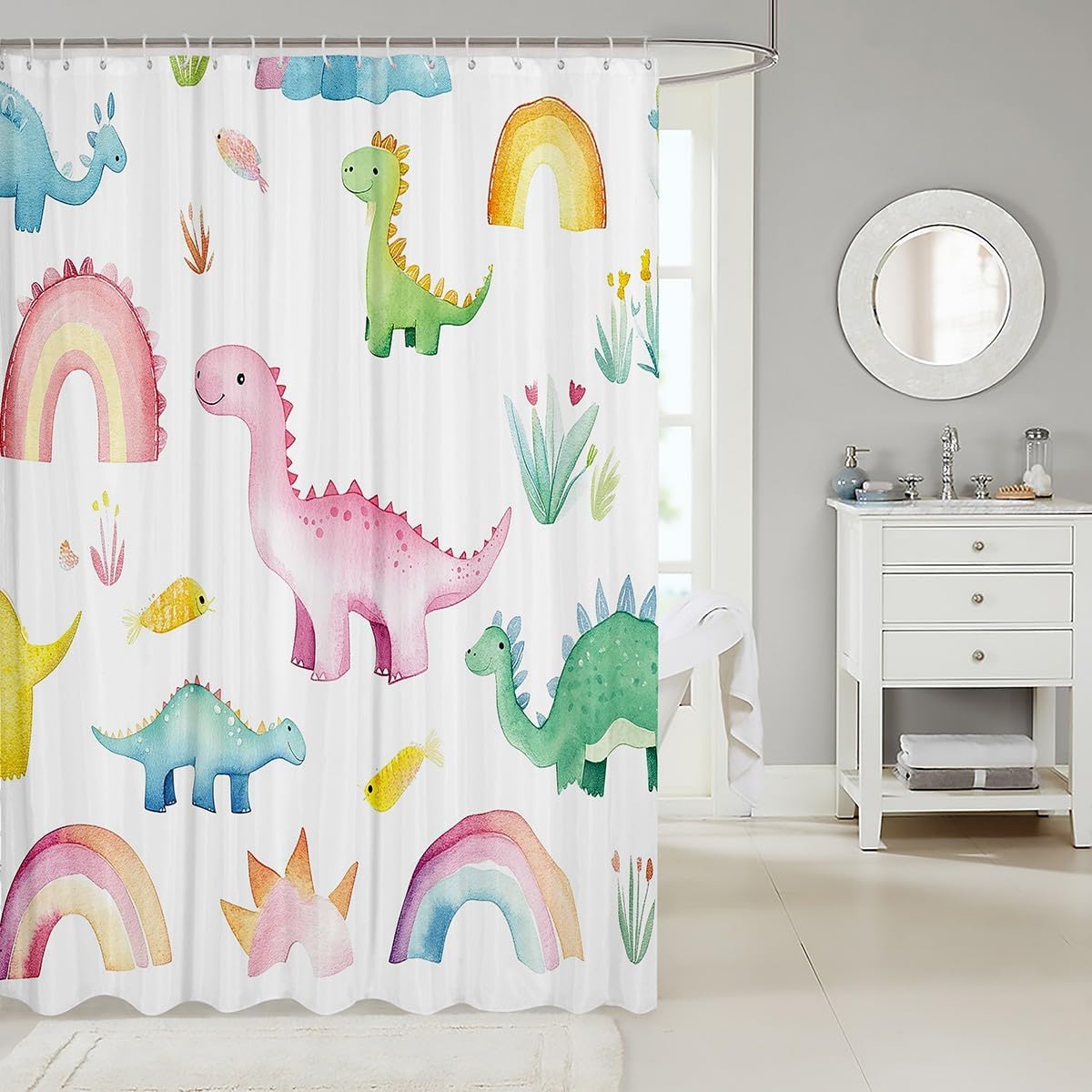 Feelyou Dinosaur Bathroom Shower Curtain Set for Kids Girls Teens - Cute Dino Collection Watercolor Rainbow Bath Decor - Jungle Animals Waterproof Stalls Curtain for Bathtubs 72"x78"