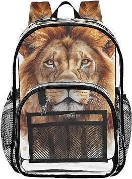 Animals Kids PVC Clear Backpack Lion Heavy Duty Multi-pockets Large Capacity Transparent See Through Bookbag for School Travel Sport Work