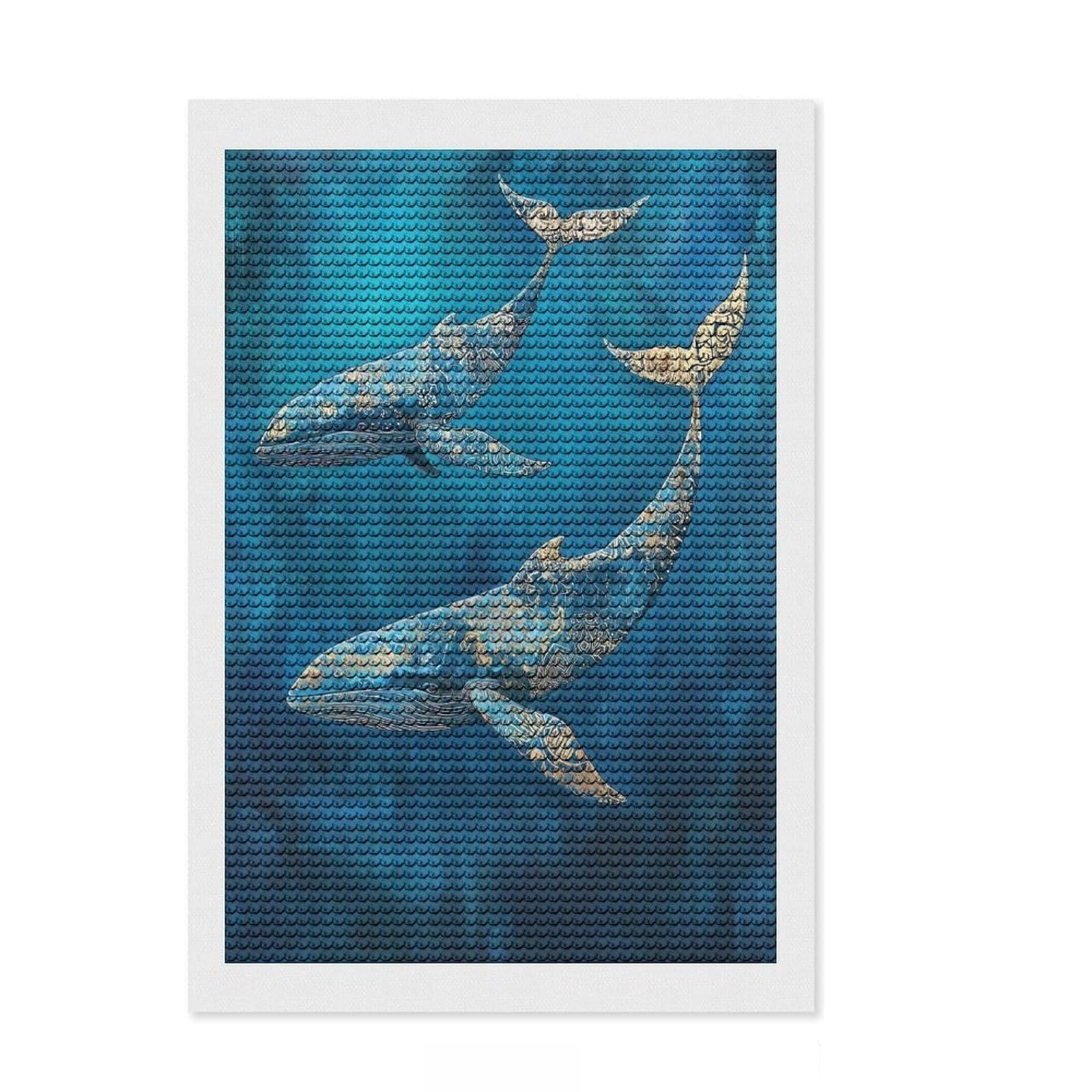 Junmoney Majestic Whales of Gold - Two Whales in Blue Diamond Painting Canvas Set 8"x12", Enjoyable At-Home Hobby, Adhesive Canvas, Cosy Home Accent, Christmas Gift