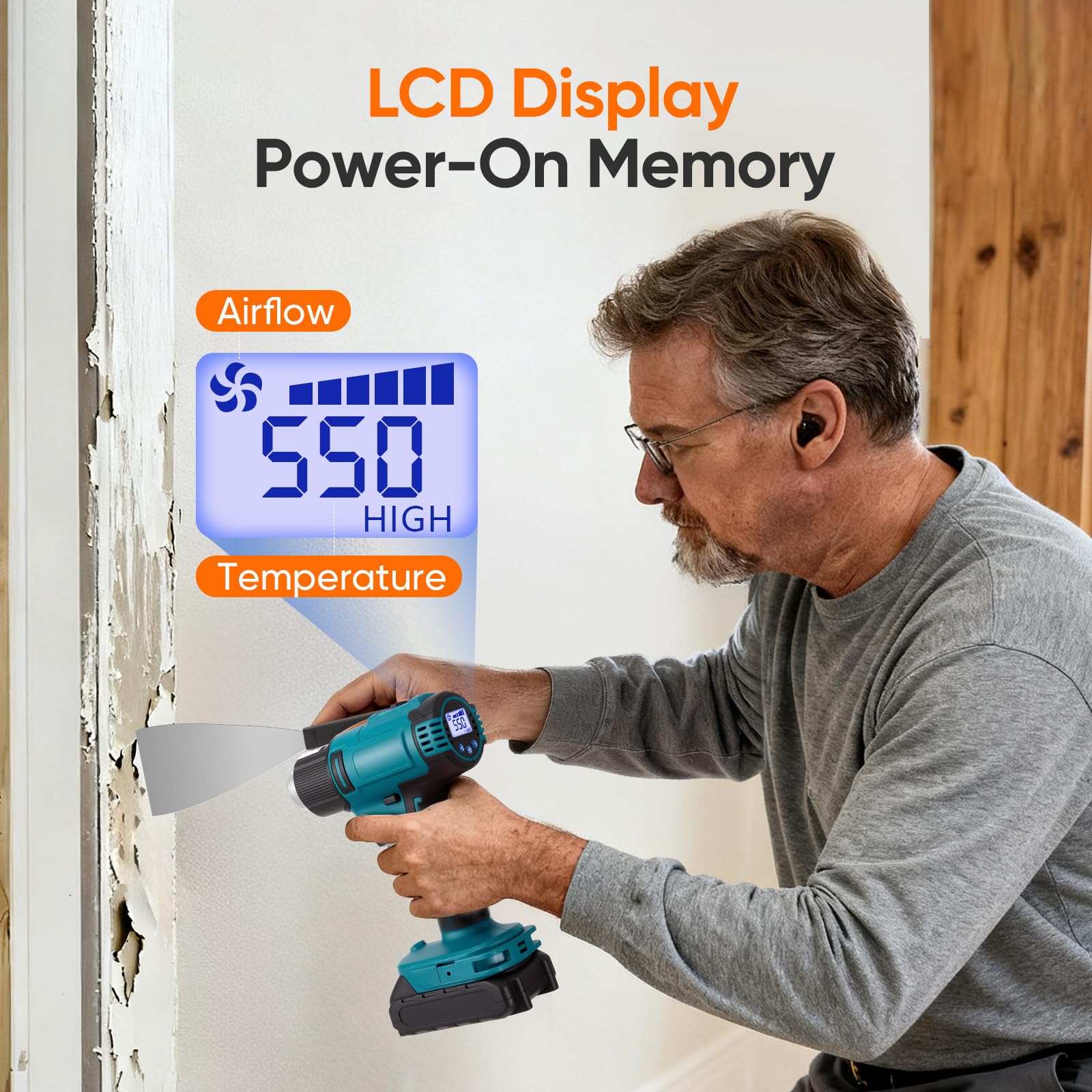 Secador de aire caliente con batería, pistola de aire caliente con batería, calentamiento rápido hasta 550°C, control de doble temperatura, con pantalla LCD, 5 boquillas y 2 raspadores, ideal para