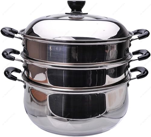 M.V. Trading S7330A - Vaporizador de 3 niveles de acero inoxidable, base revestida y listo para inducción con tapa tapa de cúpula alta, 11.8 in (12