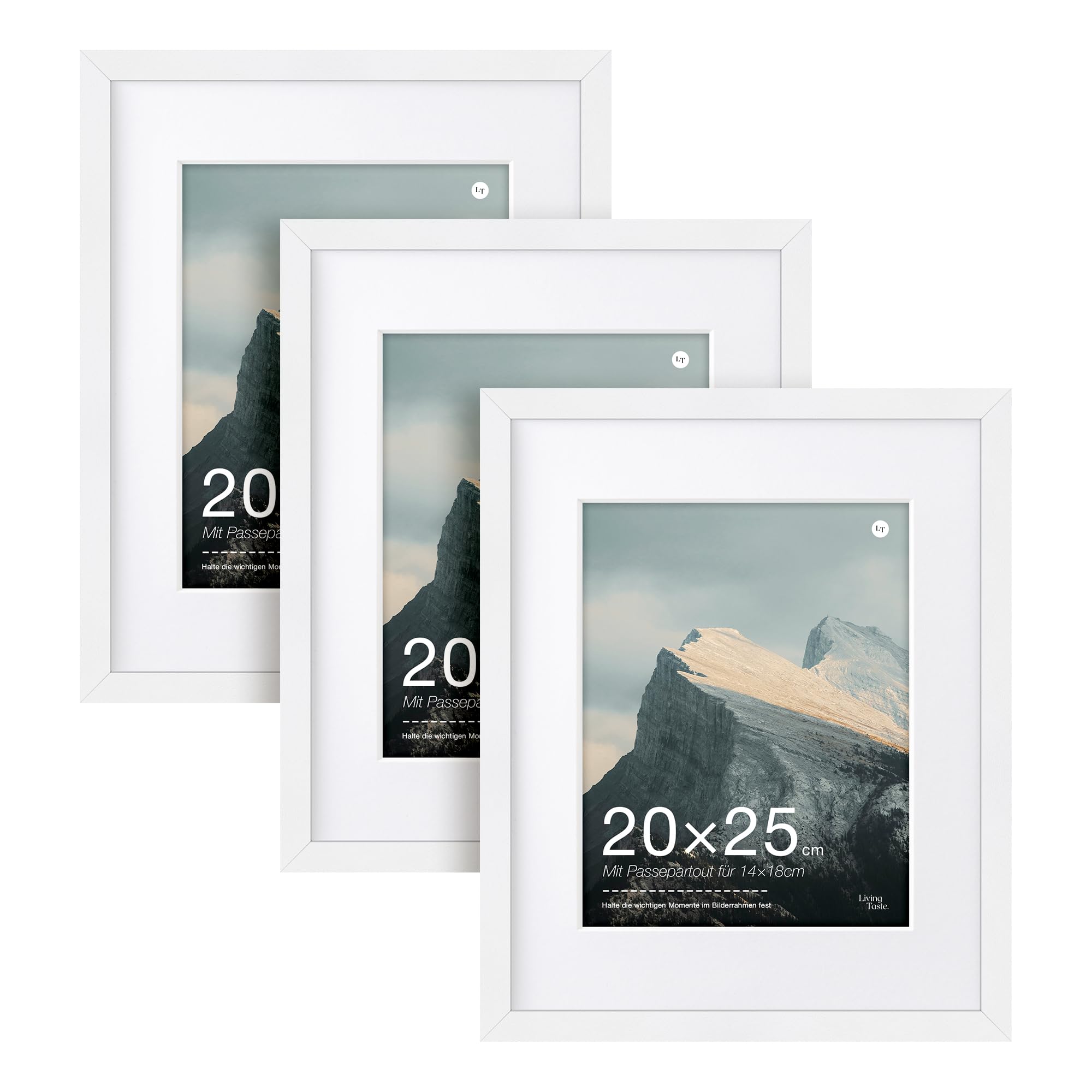LIVINGTASTE 3 Pack Weiß Bilderrahmen 20×25 cm MDF Rahmen mit Acrylglas | Fotorahmen mit Passepartout für 14×18 cm für Fotos Zertifikate Poster und Kunstbilder für Wohnzimmer und Büro