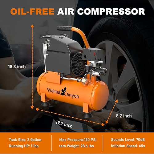 Miniatura 3 de Compresor de aire de 2 galones, compresor de aire portátil de 1.8 SCFM90 PSI, compresor de aire pequeño sin aceite de 1.1 HP máximo 150 PSI,