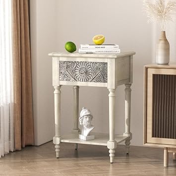 SUNBURY Vintage Nightstand with Drawer, Wood Small Bedside Table with Open Shelf, Shabby Accent End Side Table for Living Room, Bedroom