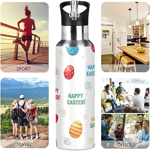 Miniatura 5 de Insulated Stainless Steel Water Bottle with Straw 20 Oz, Leakproof Water Bottles for Gym Outdoor Travel School, Colorful Easter Eggs White