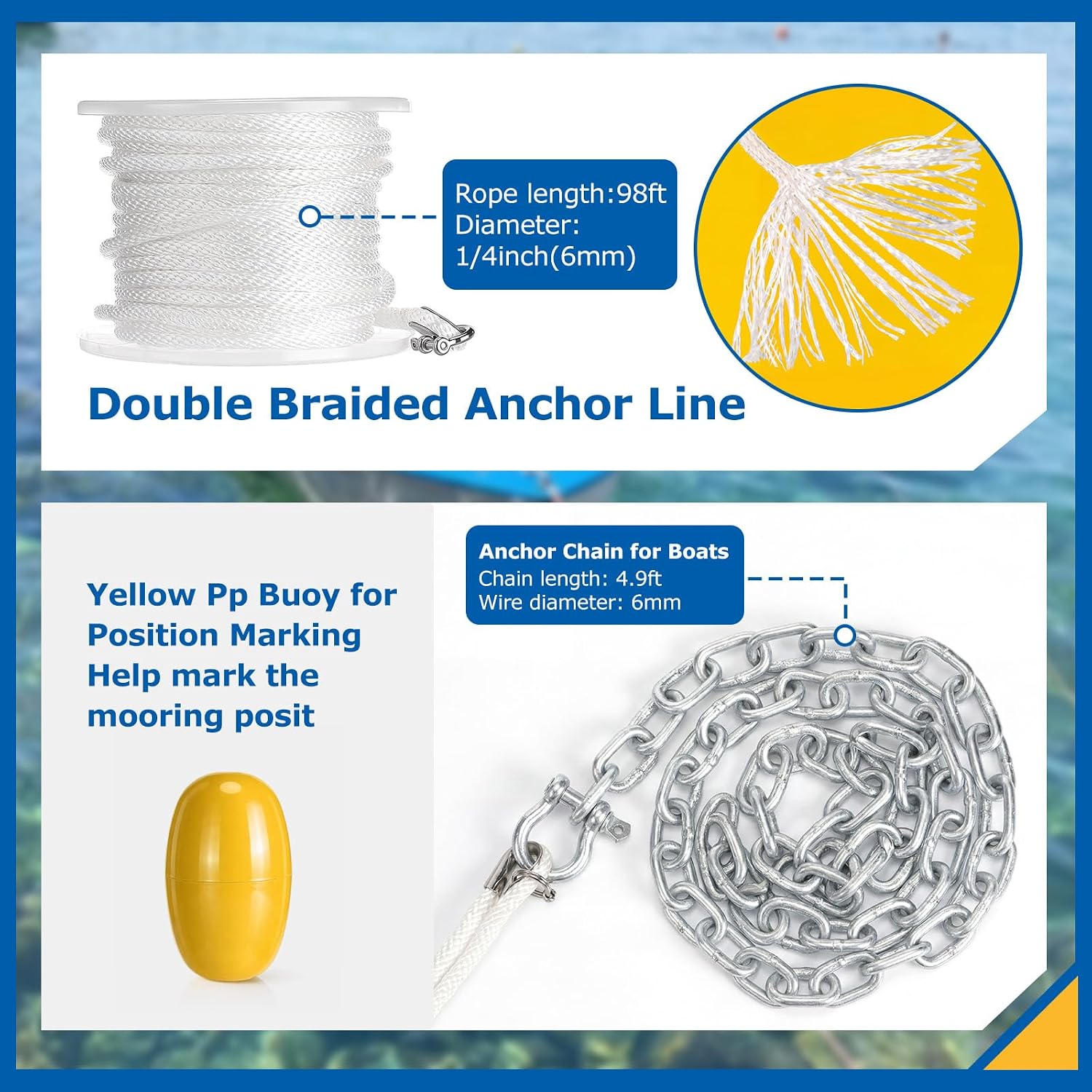 4 Pcs 3.3 lb Folding Grapnel Boat Anchor Kit Included A-Style Kayak Anchor Chain with 2 Shackles, Solid Braid MFP Line 1/4 Inch 98ft, and Yellow PP Buoy Float for Small Boats, Kayaks