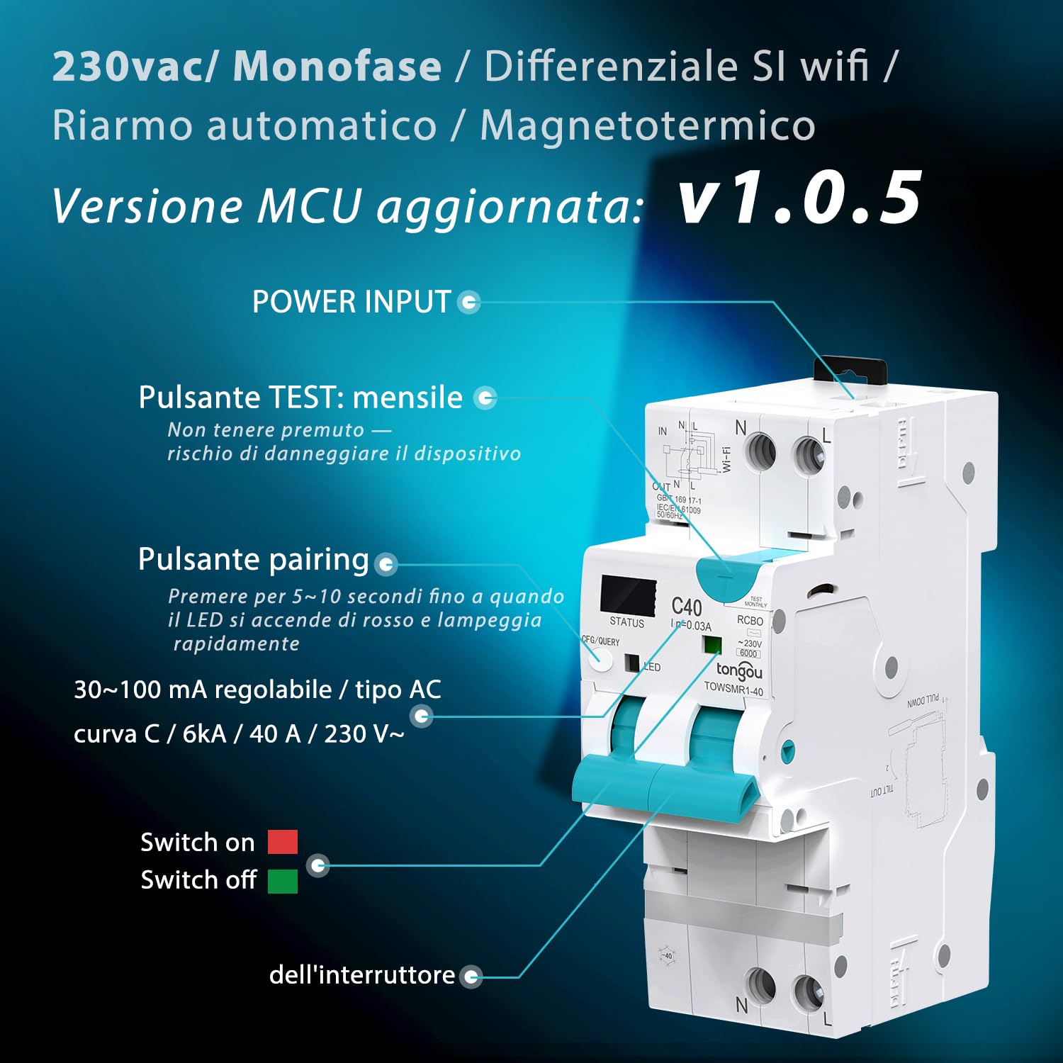Interruttore Differenziale Wi-Fi Tuya "Smart RCBO" Reset Automatico Disconnessione in Intensità 1-40A, Corrente di Perdita 30-100mA, Sovra/Sottotensione, Temperatura, Sovrappotenza Misurazione 2025