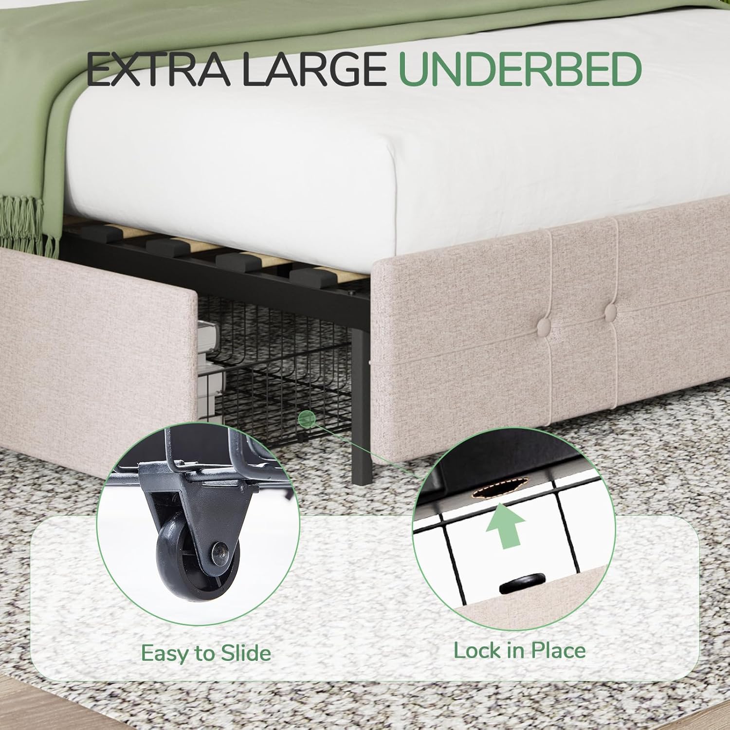 Novilla Queen Size Bed Frame Platform with 4 Storage Drawers and Fabric Upholstered Headboard, Strong Wooden Slats, Non-Slip and Noise-Free Queen Bed Frame, Easy Assembly, Beige - Image 5