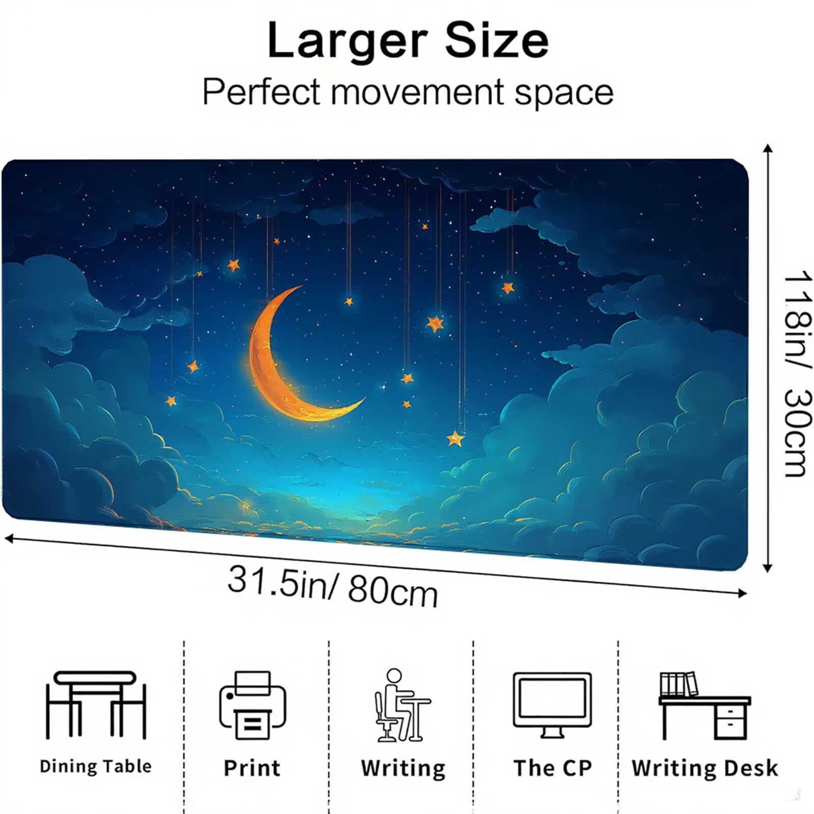 Niebieska podkładka pod mysz XXL 1400 x 600 x 3 mm księżyc pod ręką akcesoria biurowe antypoślizgowa gumowa podstawa i szyte krawędzie podkładka pod mysz dla graczy do biura deco, prezenty dla