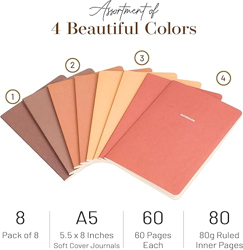 Miniatura 9 de Diario de cuaderno (paquete de 8), A5, de 5.5 x 8 pulgadas, bonito juego de cuadernos con tapa de papel suave, diario de escritura fina para viajes,