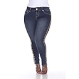 white mark Women's Plus Size Super Stretch 3 Pocket Denim with Leopard Pannel Pants