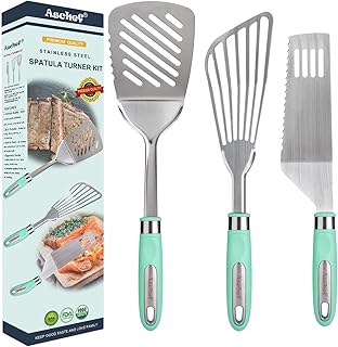 Aschef Stainless Steel 3in1 Metal Fish Spatula Slotted Steak Turner Serrated Cutter Knife w/Heat Resistent Handle for Cast Iron Skillet Kitchen Cooking Grill BBQ Utensils Tools Set
