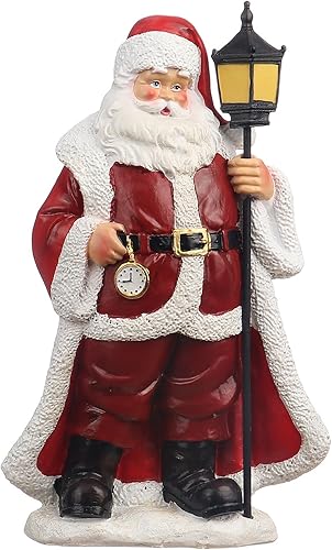 Figura de Papá Noel de pie de 11.5 pulgadas de alto, rústica vintage roja, resina blanca aplanada de Papá Noel sobre la nieve sosteniendo linterna