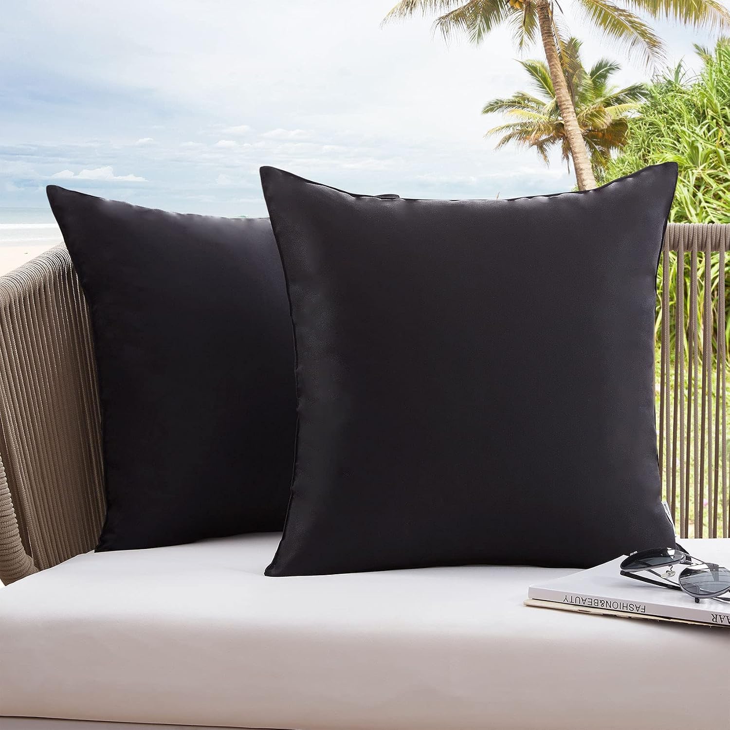 WESTERN HOME Outdoor Pillow Covers 18x18 Waterproof, Patio Throw Pillow Covers Cushions for Couch Bed Covers Garden Tent Park - Pack of 2 Pillow Covers Black