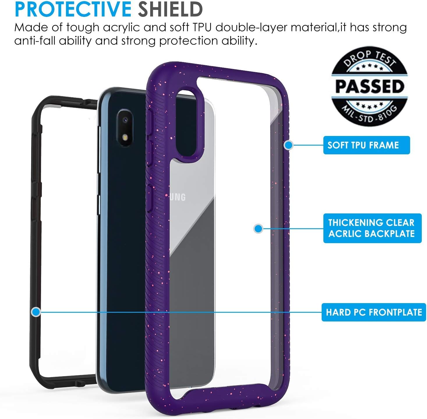Samsung Galaxy A10e Case, Samsung A10E Case with Tempered Glass Screen Protector [2 Pack],LUCKYCAT Shockproof Clear Multicolor Series Bumper Cover for Samsung Galaxy A10e (2019 Version)-Dark Purple