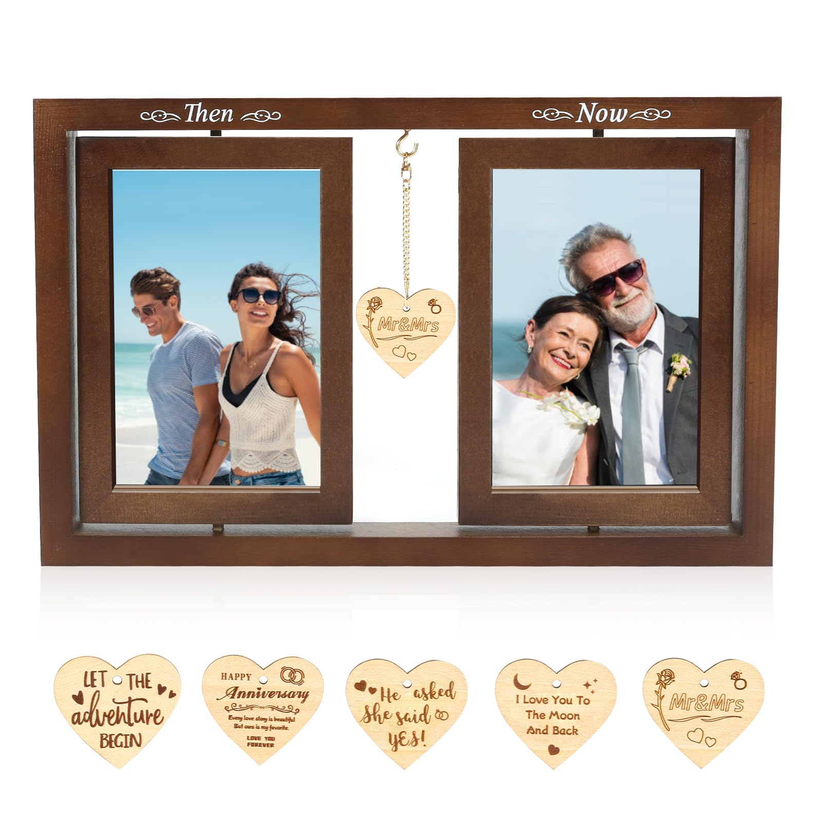 Yakucho Then and Now Rotating Floating Picture Frame for Couple,Wedding Gifts Ideas Frame,Holds 2 Photos with 5 Different Heart Pendants (4 X 6 Inches)