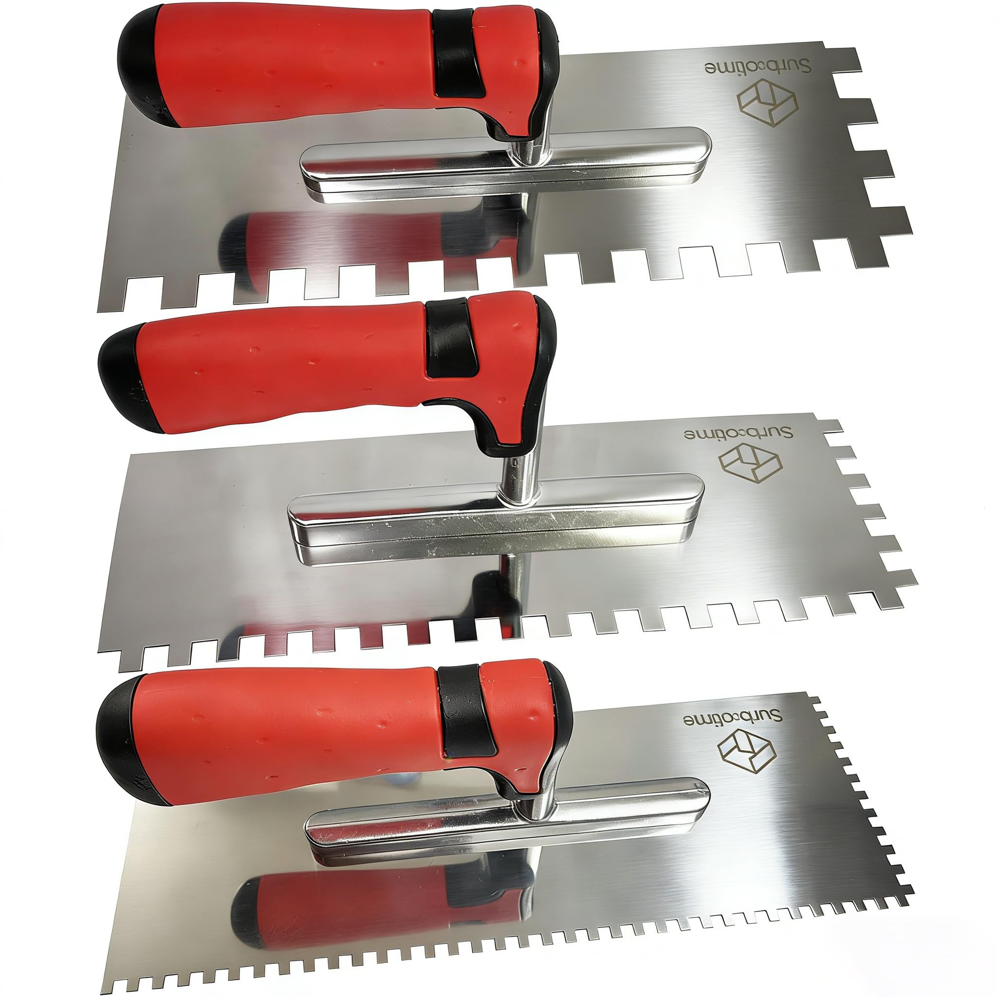 3-Piece Tile Set, Stainless Steel Square Notch Trowel with Sizes of 4, 8 and 12 mm, with Comfortable Rubber Grips, Suitable for Wall and Floor Tile Installation