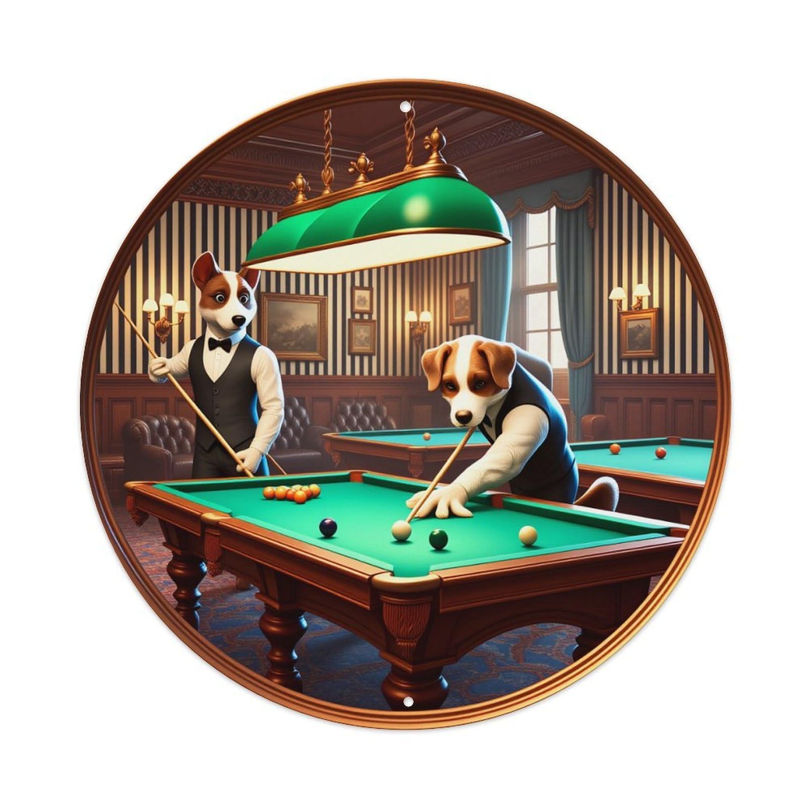Dog Playing Pool In Room Round Tin Sign Vintage Metal Poster, Home Bar Garage Man Cave Cafe Indoor & Outdoor Wall Decoration 8x8Inches