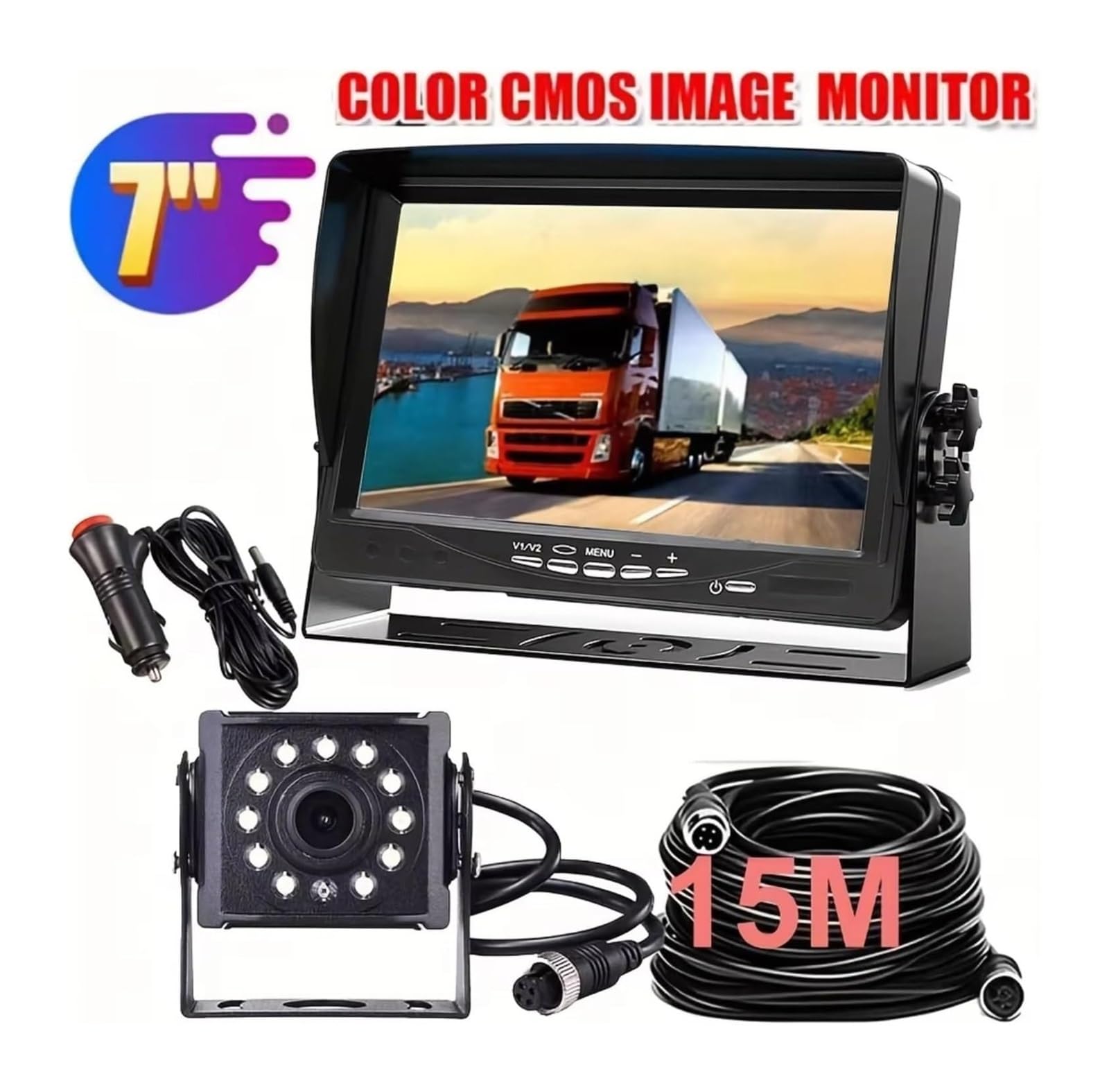 Kit Caméra Recul Filaire avec Écran TFT HD 7 Pouces Haute Résistance Vision Nocturne Grâce 12 LED Infrarouges Voitures Camions Idéal Caméra De Recul Étanche