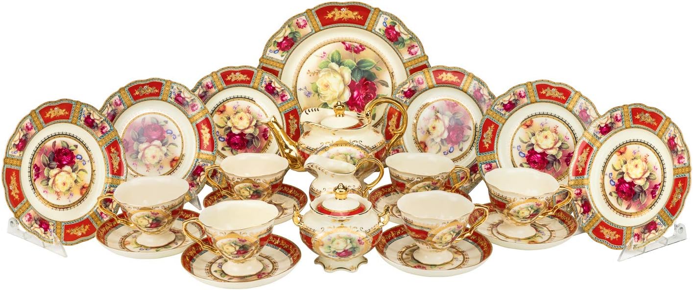 24-pc. Vintage Tea Coffee Cup Dining Dessert Set, 24 kt Gold Plated Roses Decorated Antique Pictorial, Hand Painted Service for 6 Luxury Bone China Tableware (Red)