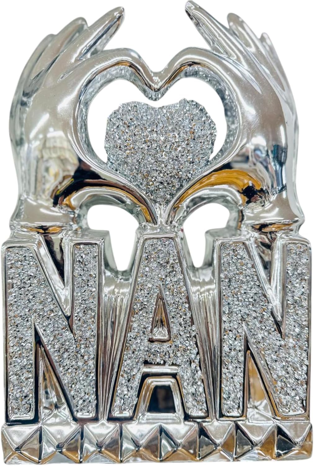 Jayogla Silver Nan Crystal Heart Hand Sculpture, Diamond Design, Decorative Display 30Cm