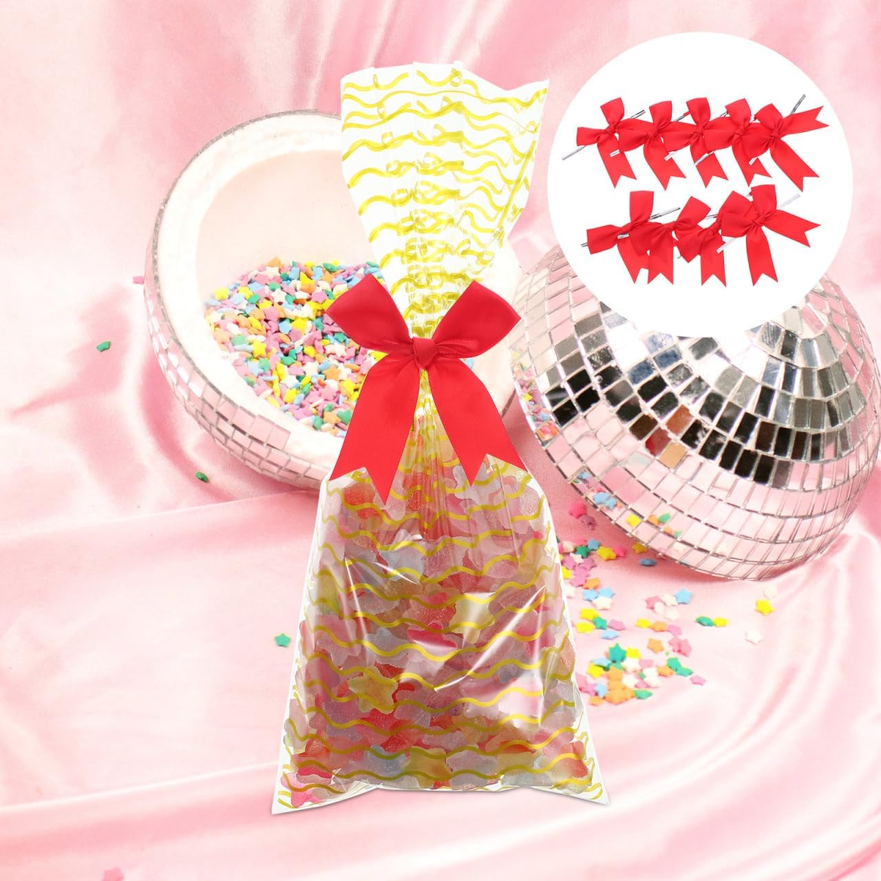 Red Twist Ribbon Bows with Pre Tied Twist Ties 3.34X3.14 Inch Satin Mini Bows for Candy Packaging Wedding Cake Decoration Birthday Party Treat Bags - Image 5