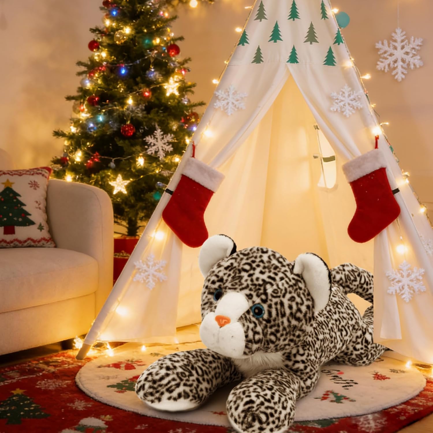 MorisMos Giant Snow Leopard Stuffed Animal Plush Pillow 4ft, 47" Extra Large Stuffed Cheetah Pillow for Kids & Adults,Realistic Snow Leopard Plush for Christmas Birthday Gift Safari/Jungle Party Decor