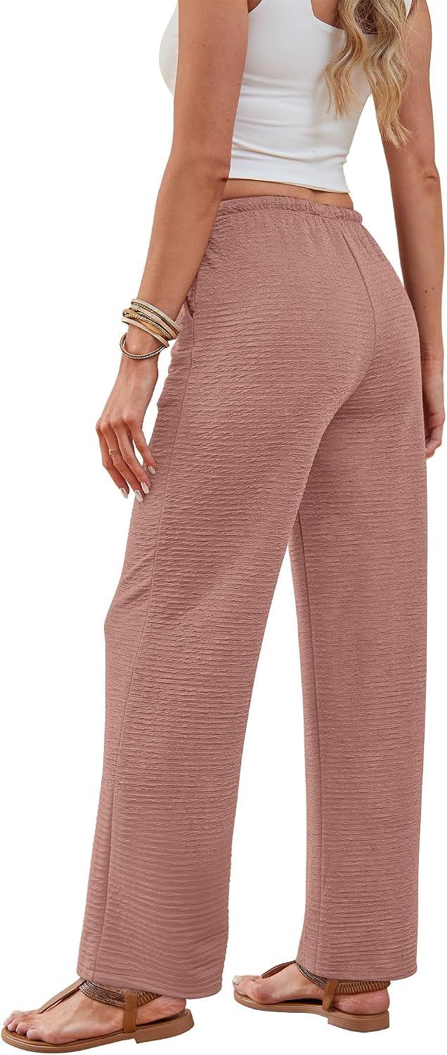 Sampeel Wide Leg Pants for Women Flowy Palazzo Drawstring Elastic Waist Trousers with Pockets Summer Beach Vacation Clothes image 5