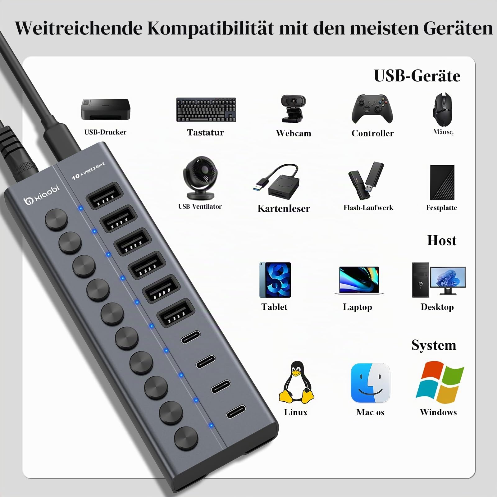 10 Port USB Hub mit Netzteil 60W - 10Gbps USB 3.2 Gen 2 Hub Aktiv aus Aluminium mit 6 USB-A & 4 USB-C Ports Individuelle EIN/Aus Schalter BC1.2 Schnelladung für MacBook, PC, Laptop