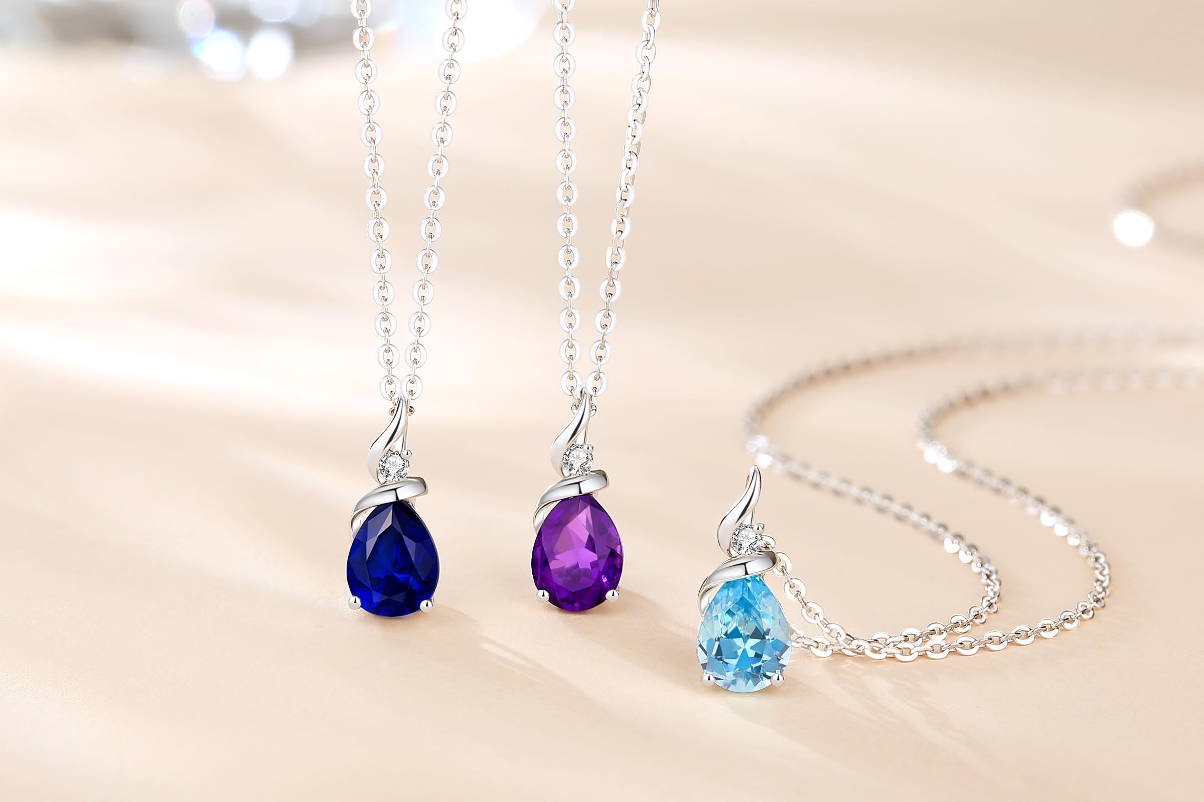 Collana Donna Goccia con Oro Bianco 14 carati Ciondolo e Argento 925 Catena con Zaffiro/Smeraldo/Rubino/Acquamarina/Ametista/Granato/Peridotite/Topazio/Opale/Citrina e Diamanti Naturale Gioielli