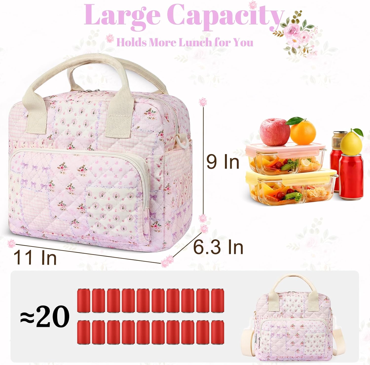 Quilted Lunch Box for Women, Large Insulated Lunch Bag for Adult,Elegant Purple Floral Cute Portable Tote Bags for Work Travel Beach Picnic(Purple,M) - Image 2