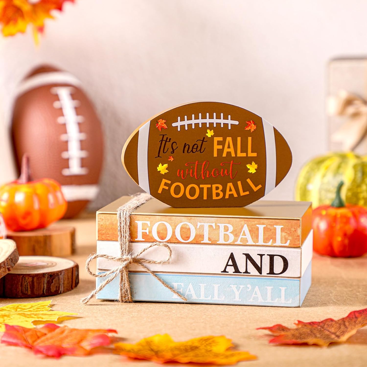 Geetery Fall Thanksgiving Football Rustic Table Tiered Tray Decor for Farmhouse Home Shelf Football Theme Stacked Books Wooden Sign Thanksgiving Party Tabletop Centerpiece Decor for Autumn Harvest