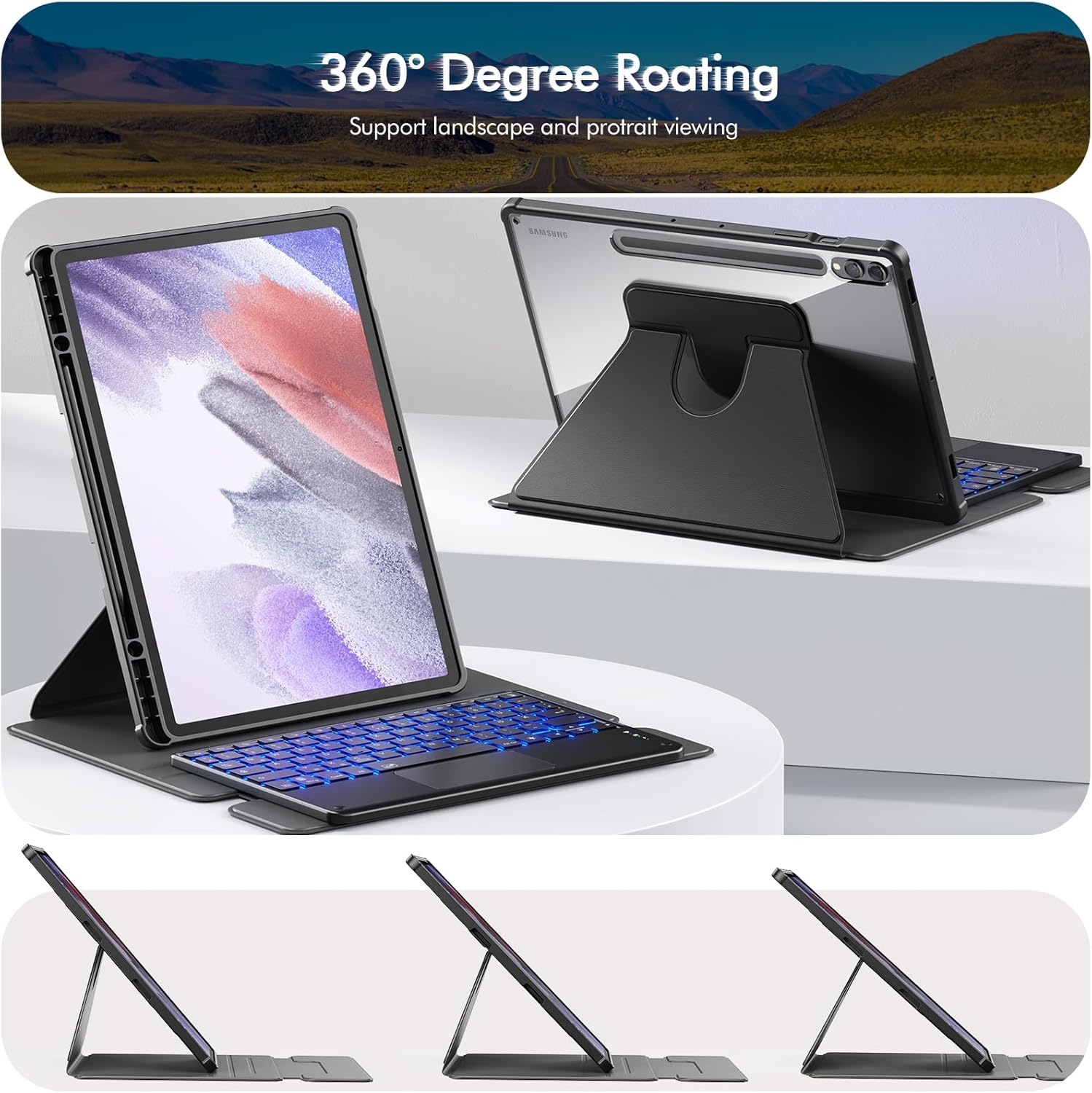INFILAND for Galaxy Tab S10+, S9+ Plus/S9 FE+ Plus Keyboard Case, [High Precision Tackpad] 360 Rotating Stand Detachable Magnetic Wireless Keyboard Cover, Light Black