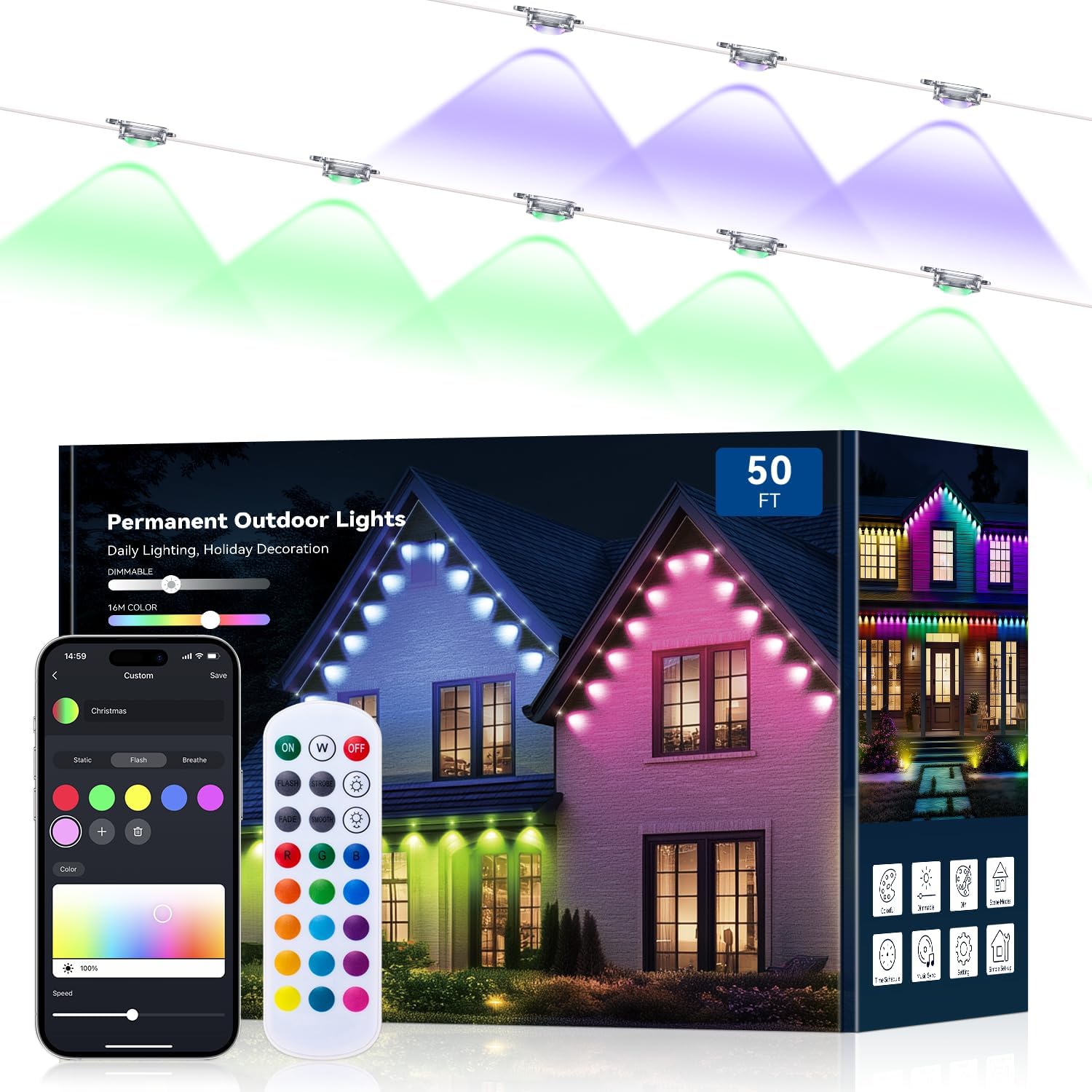 50FT Permanent Outdoor Lights for House, Smart RGB LED Eaves Lighting with APP & Remote Control, IP67 Waterproof Christmas Lights for Holidays, Parties & Year-Round Décor